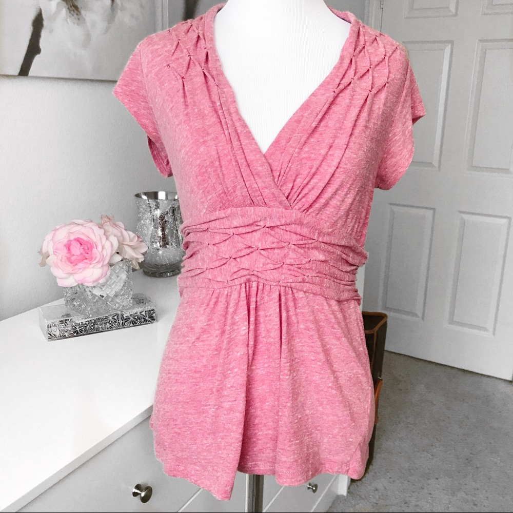 Postmark Anthropologie Deep V Neck Blouse Women's Small Red Short Sleeve Smocked